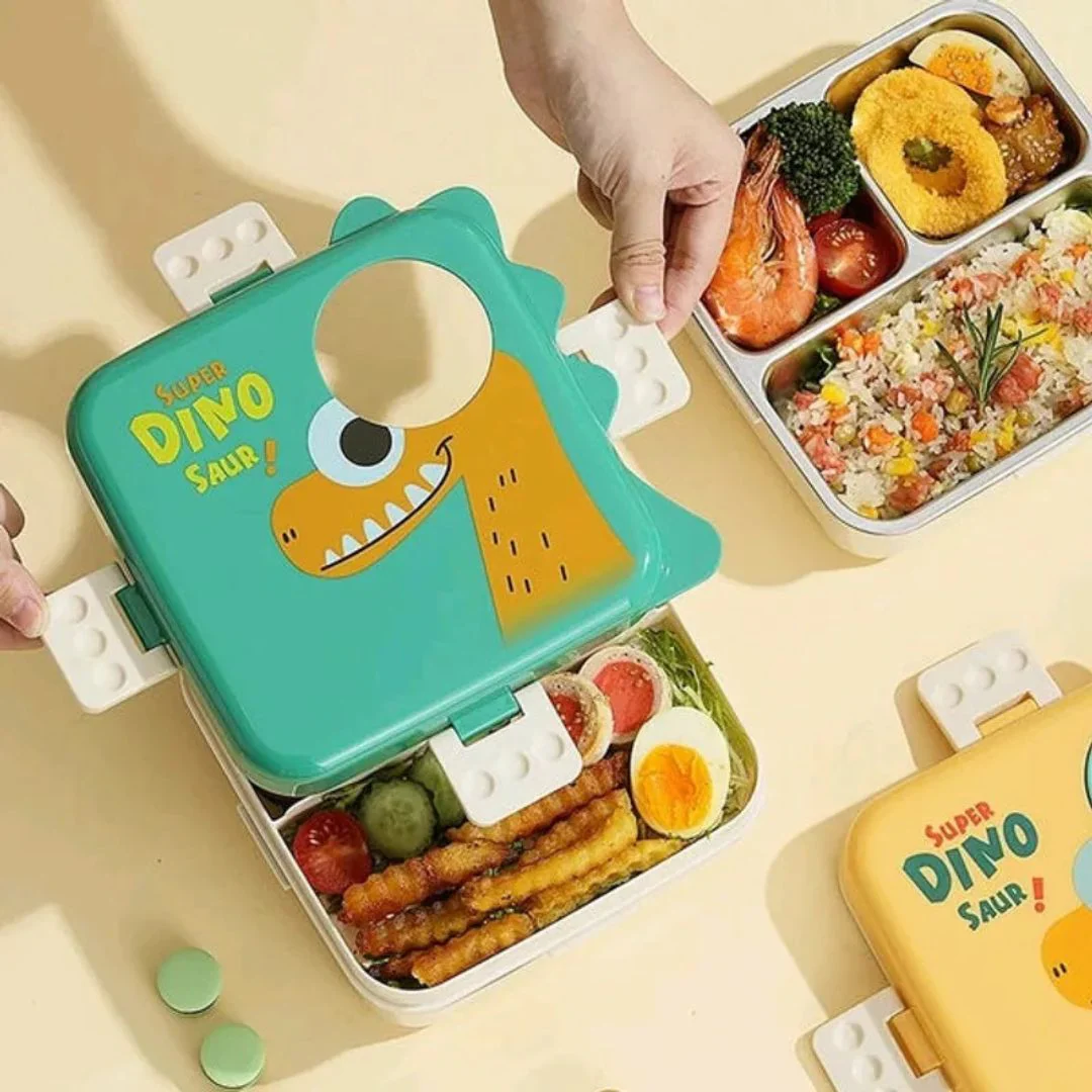 1120ml 5 Compartment Dino Eye Design Steel Lunch Box with Spoon and 70ml Salad Cup - Image 2