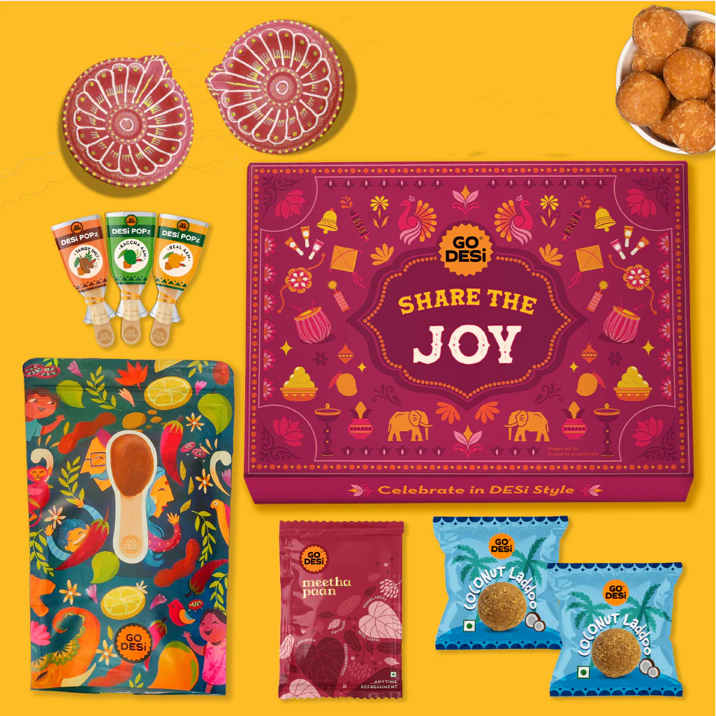 12 Items | Share the Joy Diwali Gift Box | By GO DESi | Diwali Diya Set | Coconut Laddu | DESi POPz: Tangy Imli, Real Aam, Kaccha Aam | Meetha Paan - Image 3