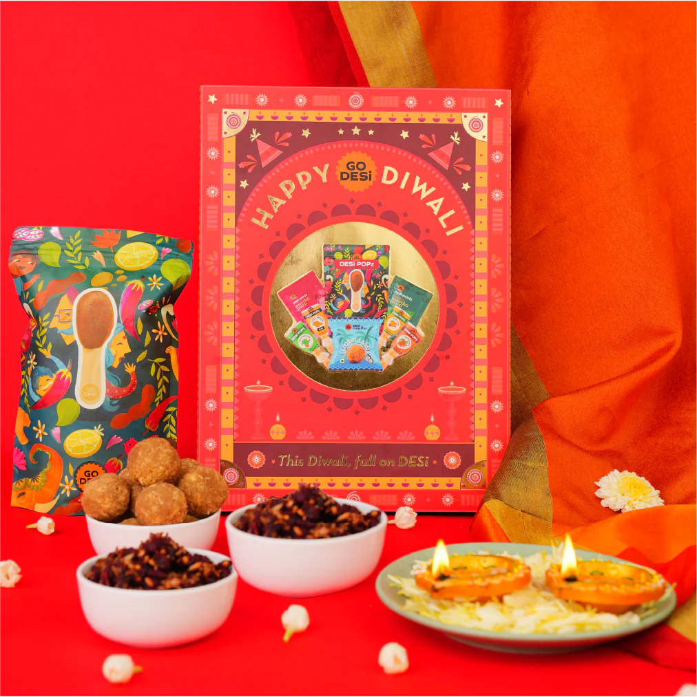 12 Items | Shubh Diwali Gift Box | By GO DESi | Diwali Diya Set | Coconut Laddu | DESi POPz: Tangy Imli, Real Aam, Kaccha Aam | Meetha Paan - Image 2