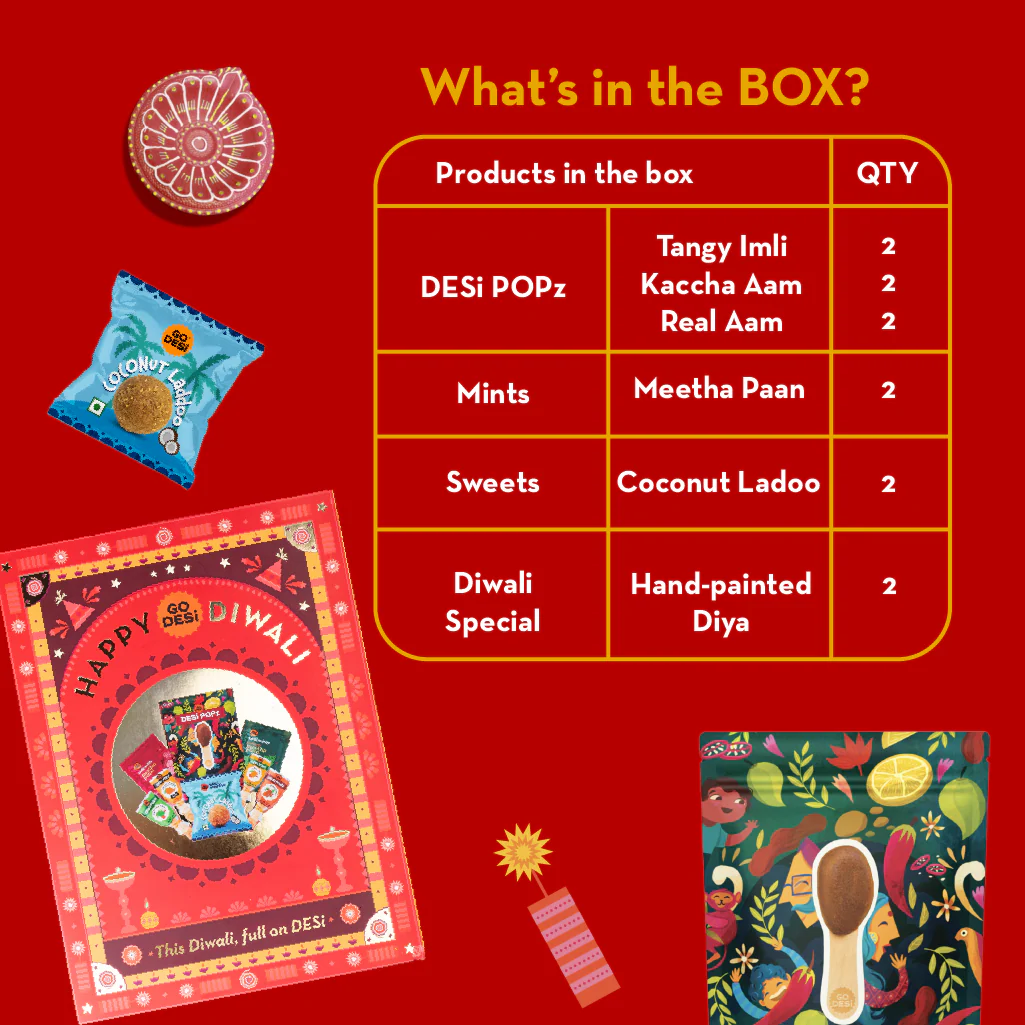 12 Items | Shubh Diwali Gift Box | By GO DESi | Diwali Diya Set | Coconut Laddu | DESi POPz: Tangy Imli, Real Aam, Kaccha Aam | Meetha Paan - Image 5