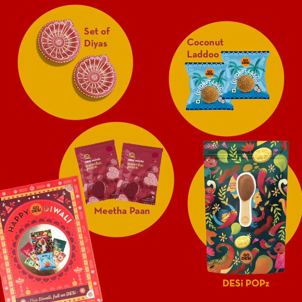 12 Items | Shubh Diwali Gift Box | By GO DESi | Diwali Diya Set | Coconut Laddu | DESi POPz: Tangy Imli, Real Aam, Kaccha Aam | Meetha Paan - Image 6