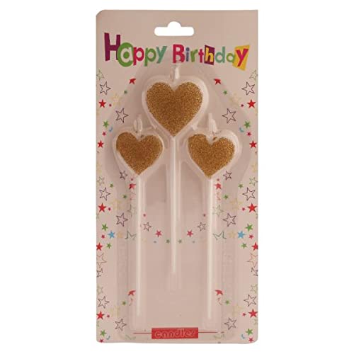 13 Cm Golden Glitter Heart Cake Candles (Pack of 3) - Image 2