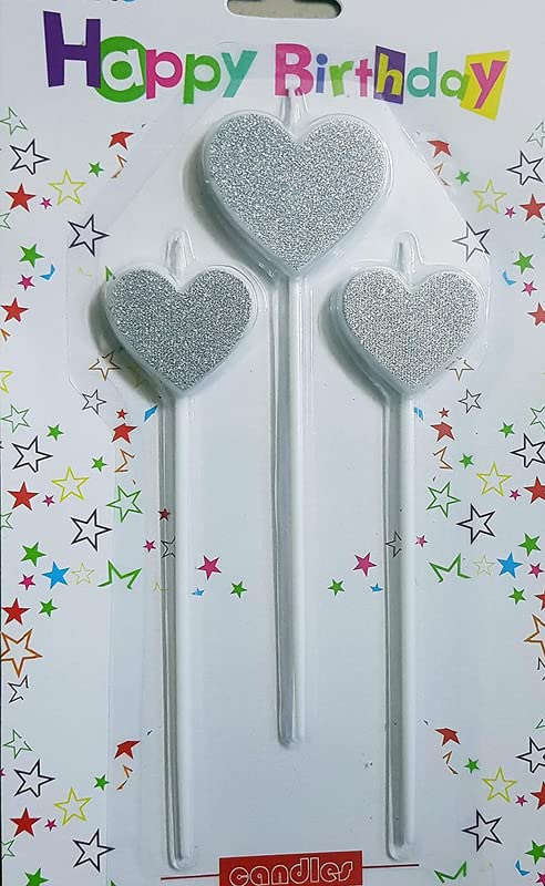 13 Cm Silver Glitter Heart Cake Candles (Pack of 3) - Image 2