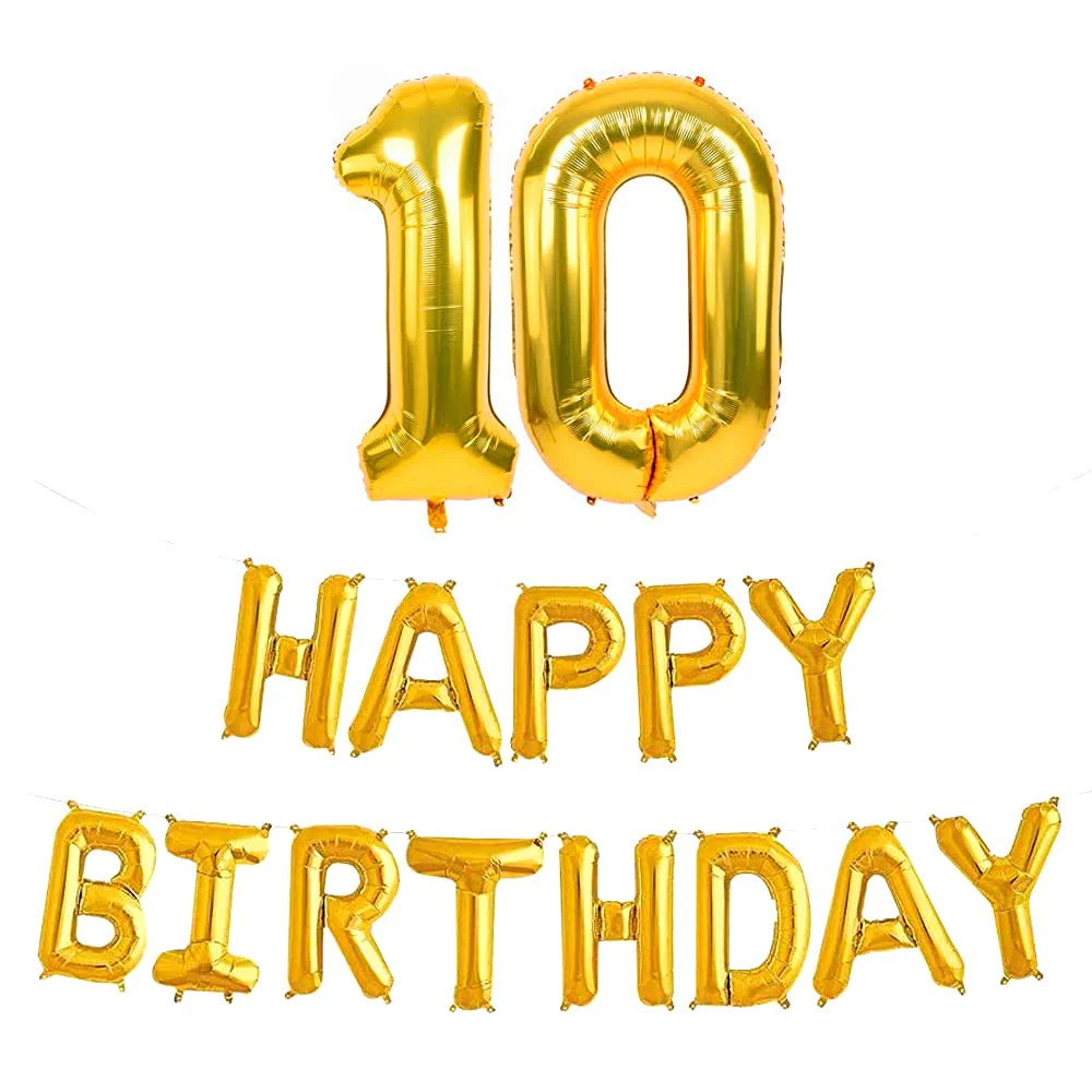16 Inch 10th Happy Birthday Alphabets & 32 Inch 10 Number Gold Foil Balloon - Image 2