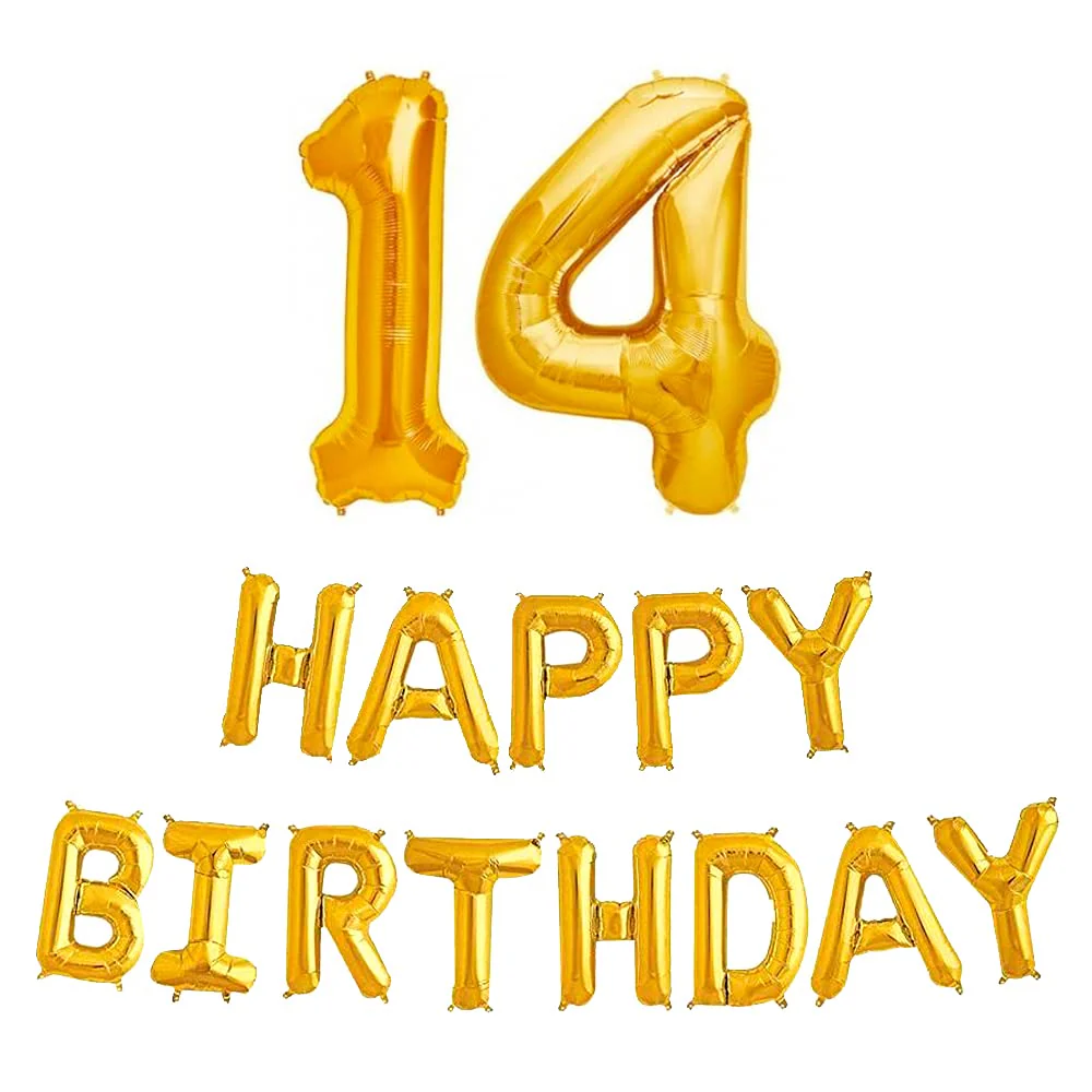 16 Inch 14th Happy Birthday Alphabets & 32 Inch 14 Number Gold Foil Balloon - Image 2