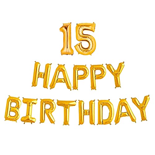 16 Inch 15th Happy Birthday Alphabets & 16 Inch 15 Number Gold Foil Balloon - Image 2