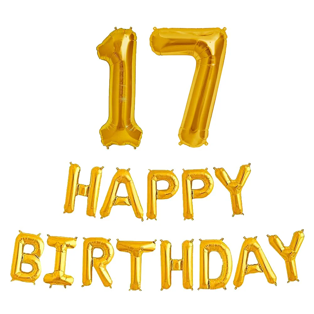 16 Inch 17th Happy Birthday Alphabets & 32 Inch 17 Number Gold Foil Balloon - Image 2