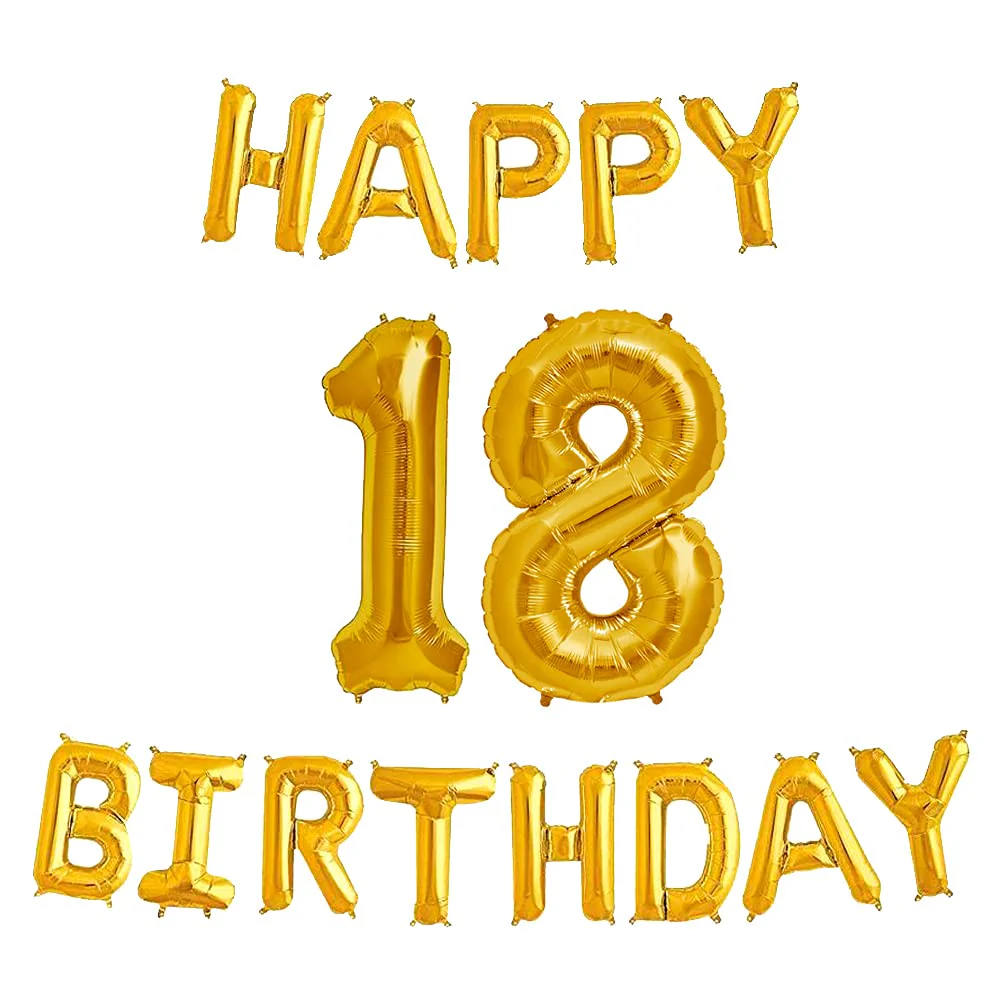 16 Inch 18th Happy Birthday Alphabets & 32 Inch 18 Number Gold Foil Balloon