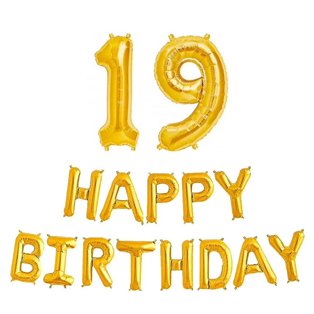 16 Inch 19th Happy Birthday Alphabets & 32 Inch 19 Number Gold Foil Balloon - Image 2