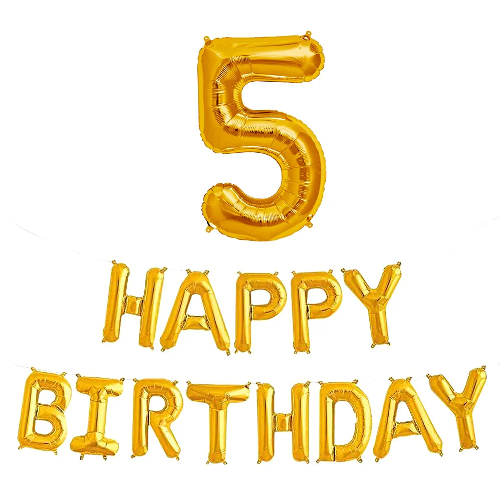16 Inch 5th Happy Birthday Alphabets & 32 Inch 5 Number Gold Foil Balloon - Image 2