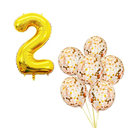 16 Inch Number 2 Gold Foil Balloon With 5 Pcs Confetti Balloons