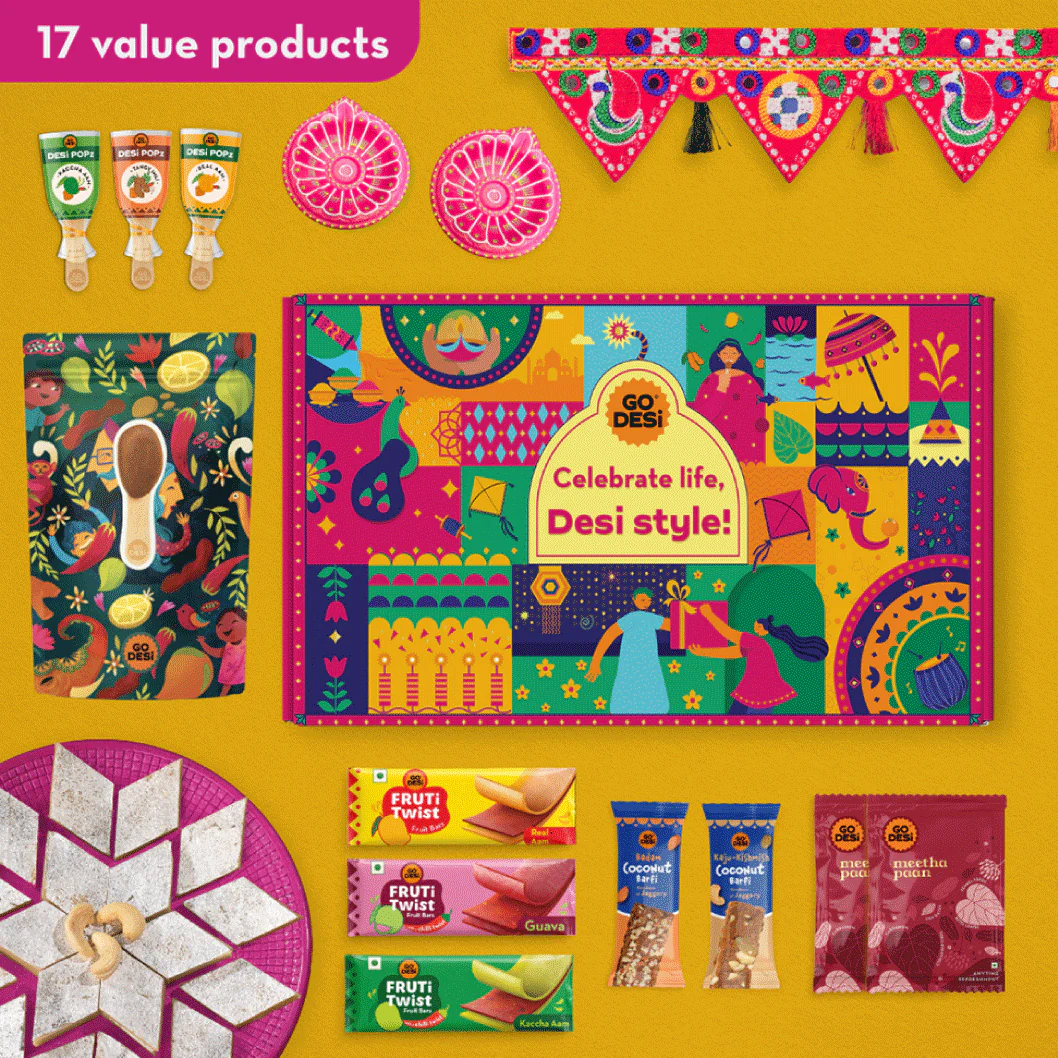 17 Items | DESi Fun Diwali Gift Box | By GO DESi | Diwali Diya Set | Toran | Kaju Katli | DESi POPz: Tangy Imli, Real Aam, Kaccha Aam | Badam Coconut Barfi | Kaju Kishmish Coconut Barfi | Meetha Paan | Fruti Twist: Real Aam, Kaccha Aam, Guava - Image 4