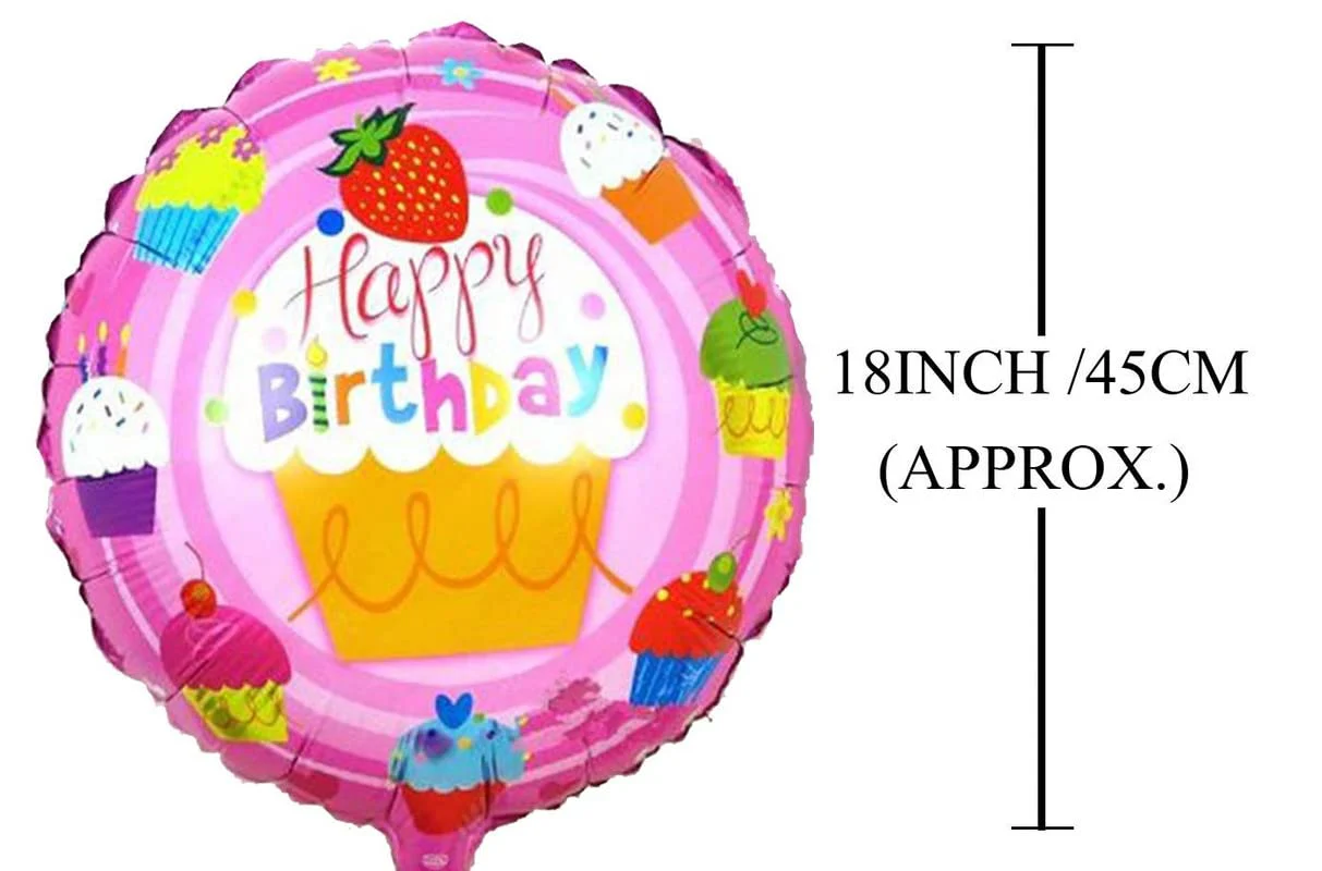 18 Inch Pink Happy Birthday Cup Cake Print Round Foil Balloon - Image 3