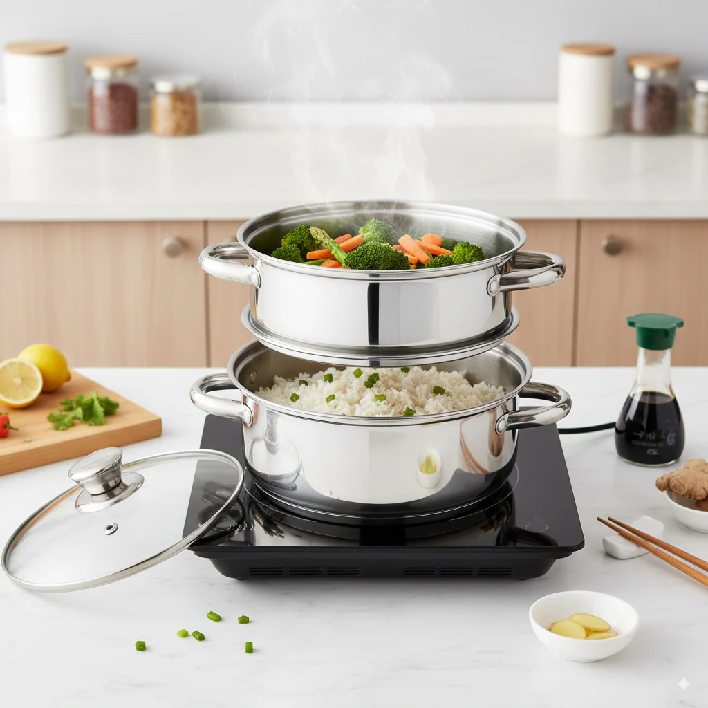 2-Tier Stainless Steel Steamer with Glass Lid - Image 3