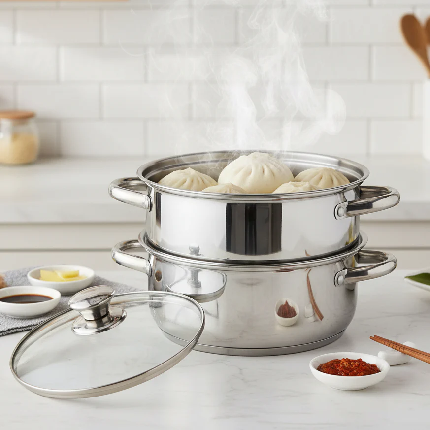 2-Tier Stainless Steel Steamer with Glass Lid - Image 5