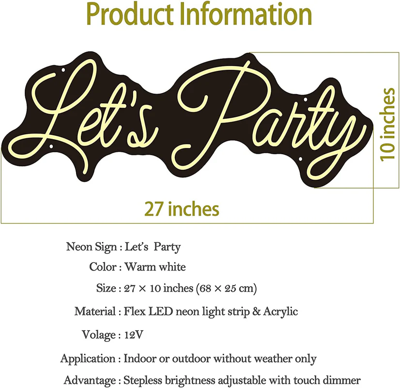 27 Inch Lets Party Led Neon Light Sign (Warm White)(Pack of 1) - Image 6