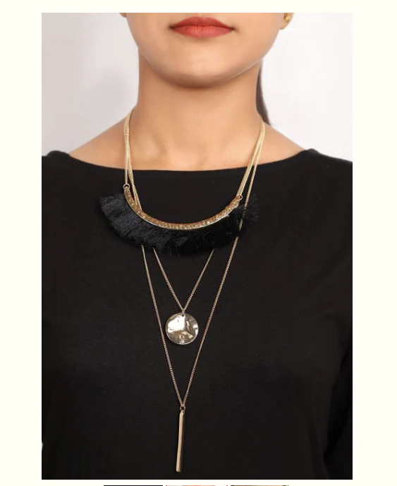 3-Layer Black Tassel and Metal Necklace - Image 2