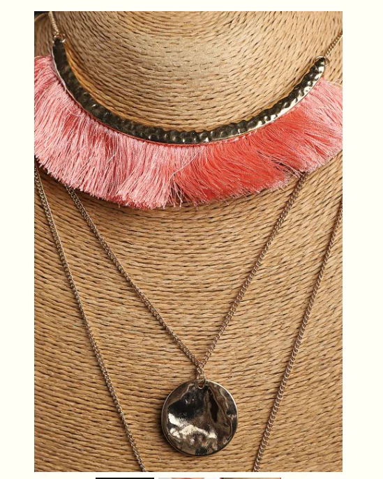 3-Layer Peach Tassel and Metal Necklace - Image 3