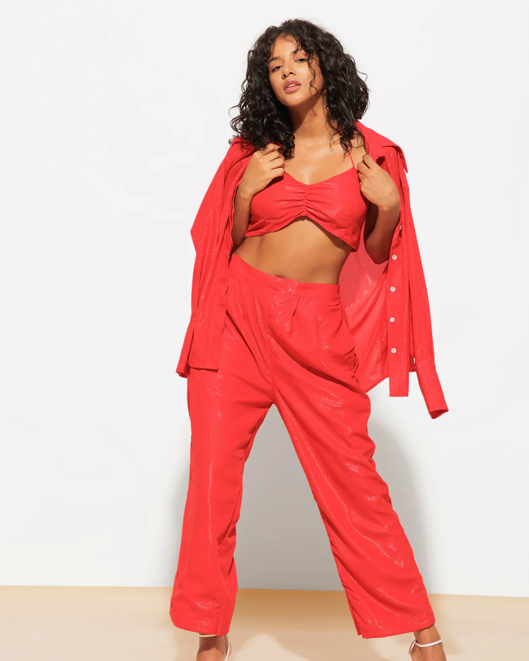 3 Piece Shimmer Co-ord Set – Bralette, Shirt & Pants Combo