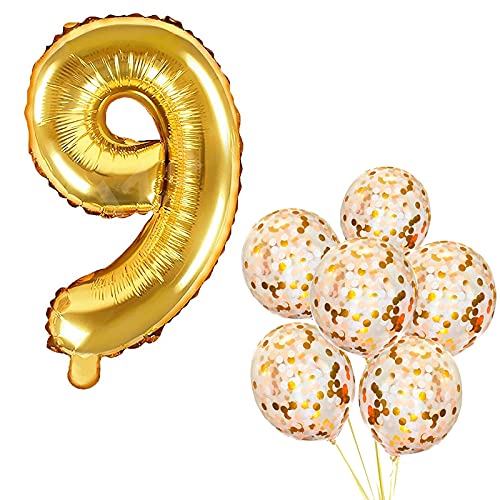 32 Inch Number 9 Gold Foil Balloon With Confetti Balloons