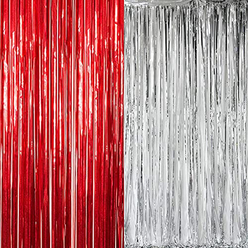 3ft x 6ft Metalic Fringe Foil Curtain With Silver And Red Color (Pack of 2)