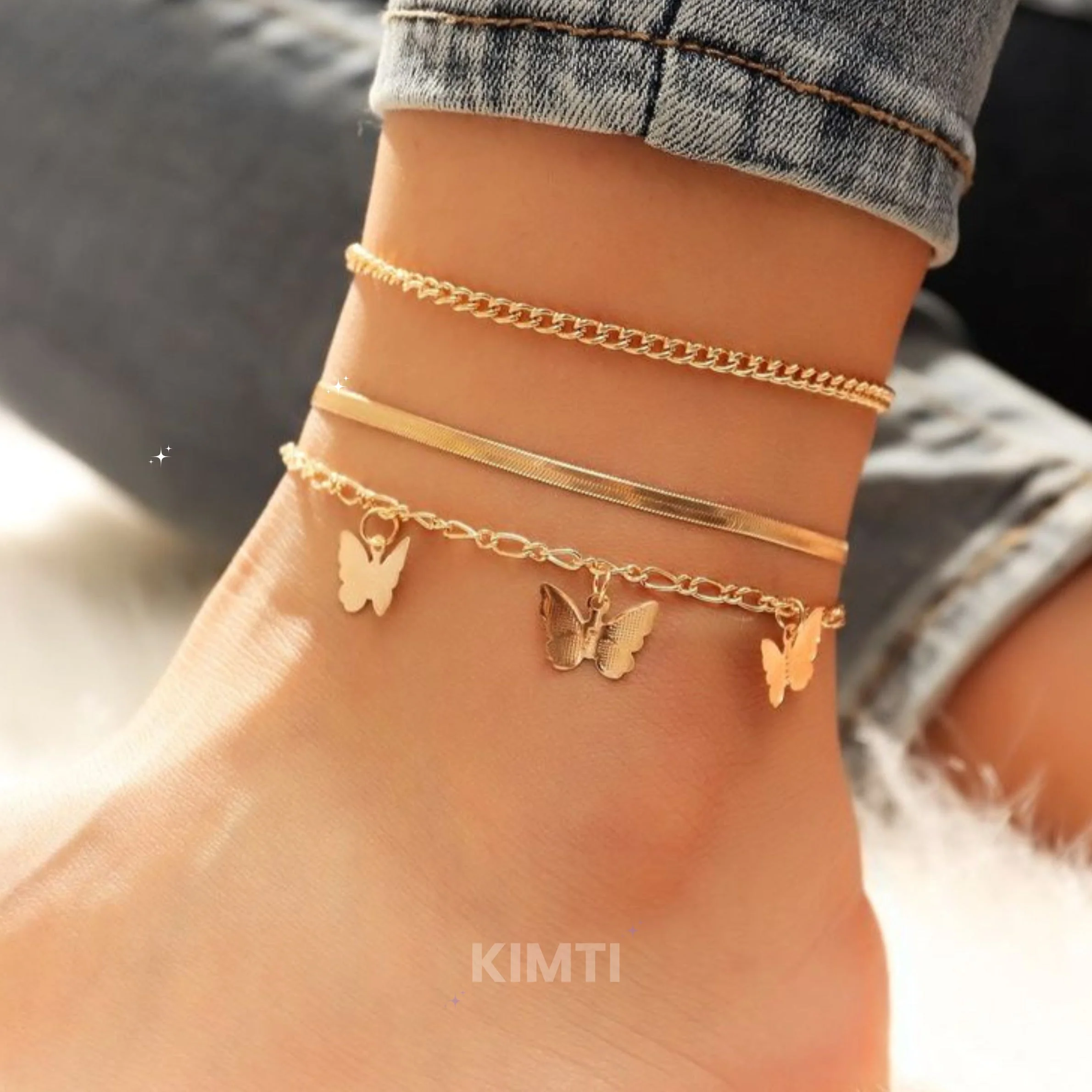 3Layer Gold Butterfly Charm Chain Anklet Set - Image 2