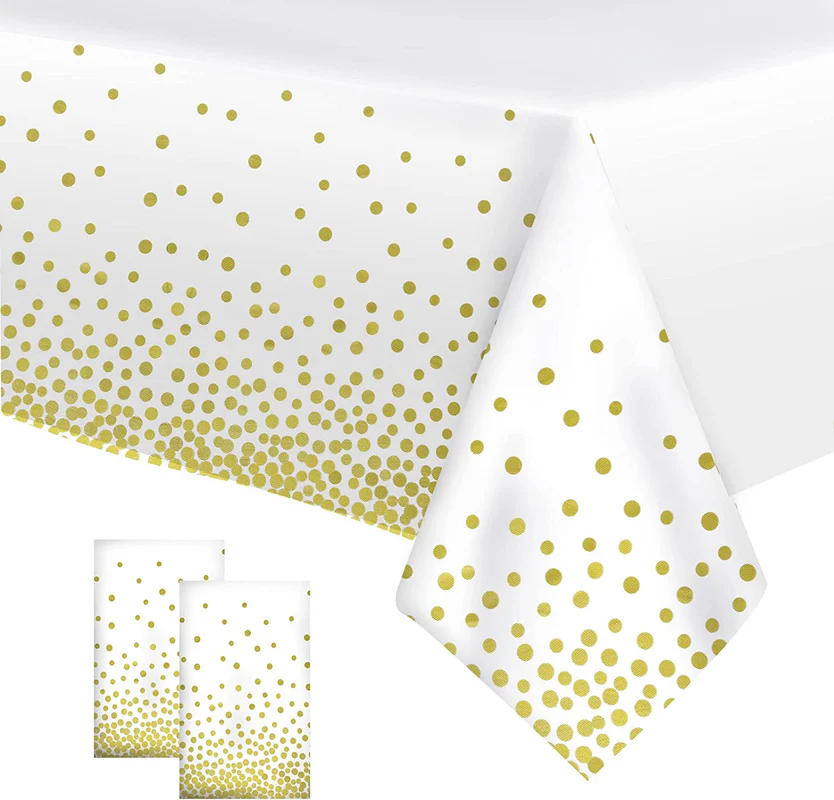 54 x 72 Inch Plastic Disposable Table Cover With Gold Polka Dot (White)