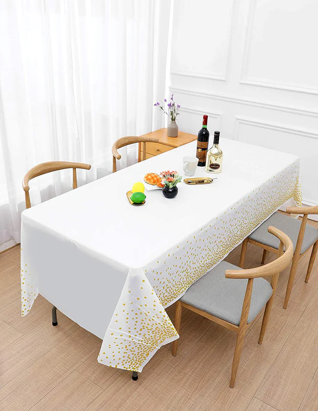 54 x 72 Inch Plastic Disposable Table Cover With Gold Polka Dot (White) - Image 3