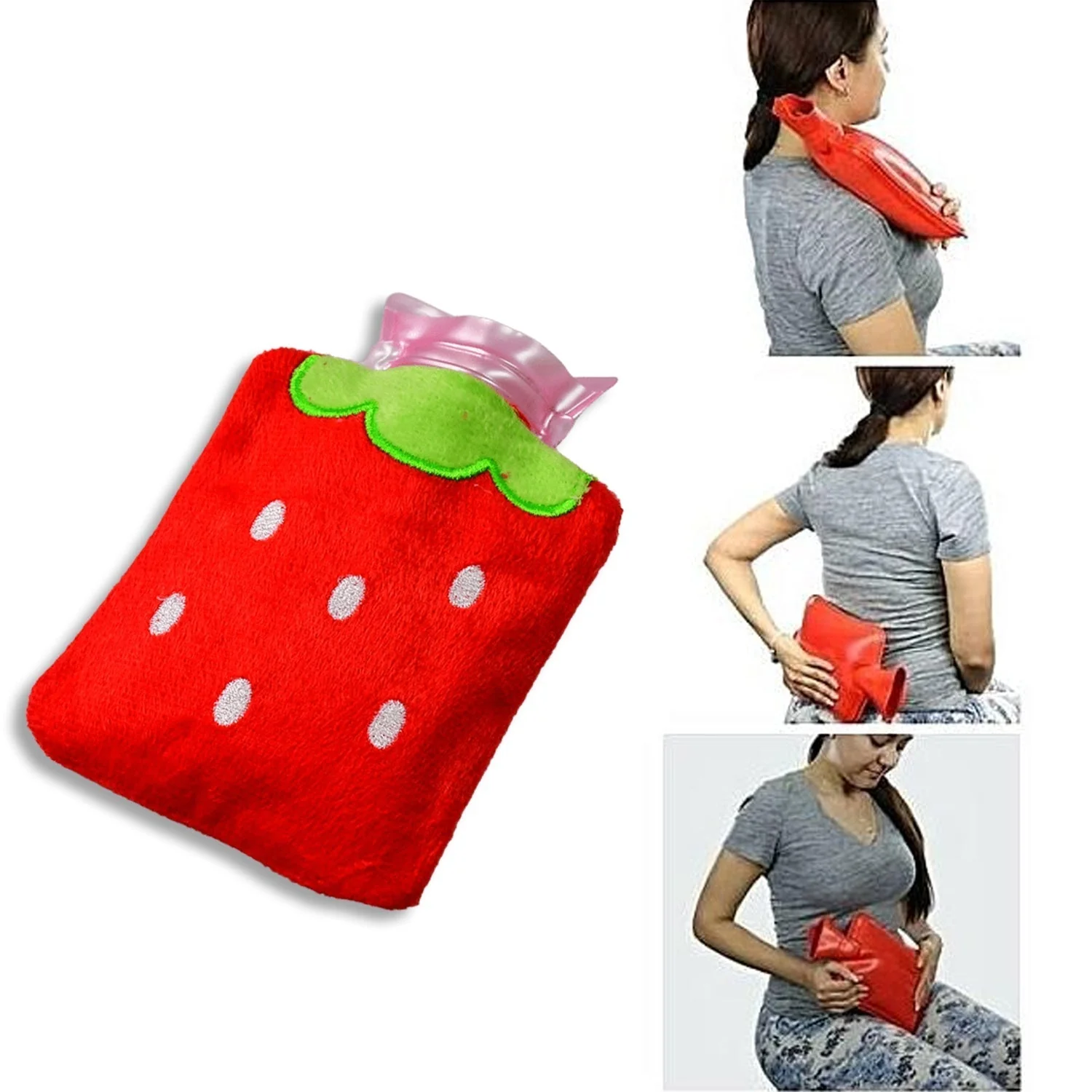 6516 Strawberry small Hot Water Bag with Cover for Pain Relief, Neck, Shoulder Pain and Hand, Feet Warmer, Menstrual Cramps. - Image 3