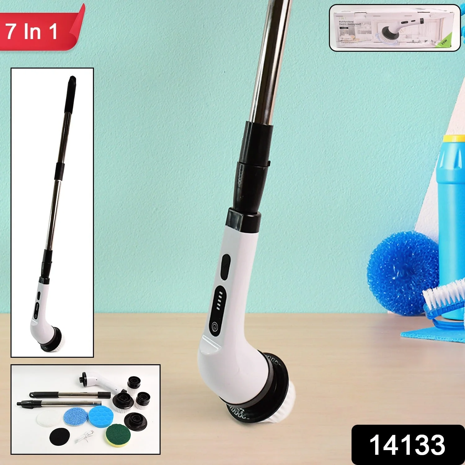 7-in-1 Electric Spin Scrubber Cleaning Brush with Extension Handle (1 Set) - Image 7