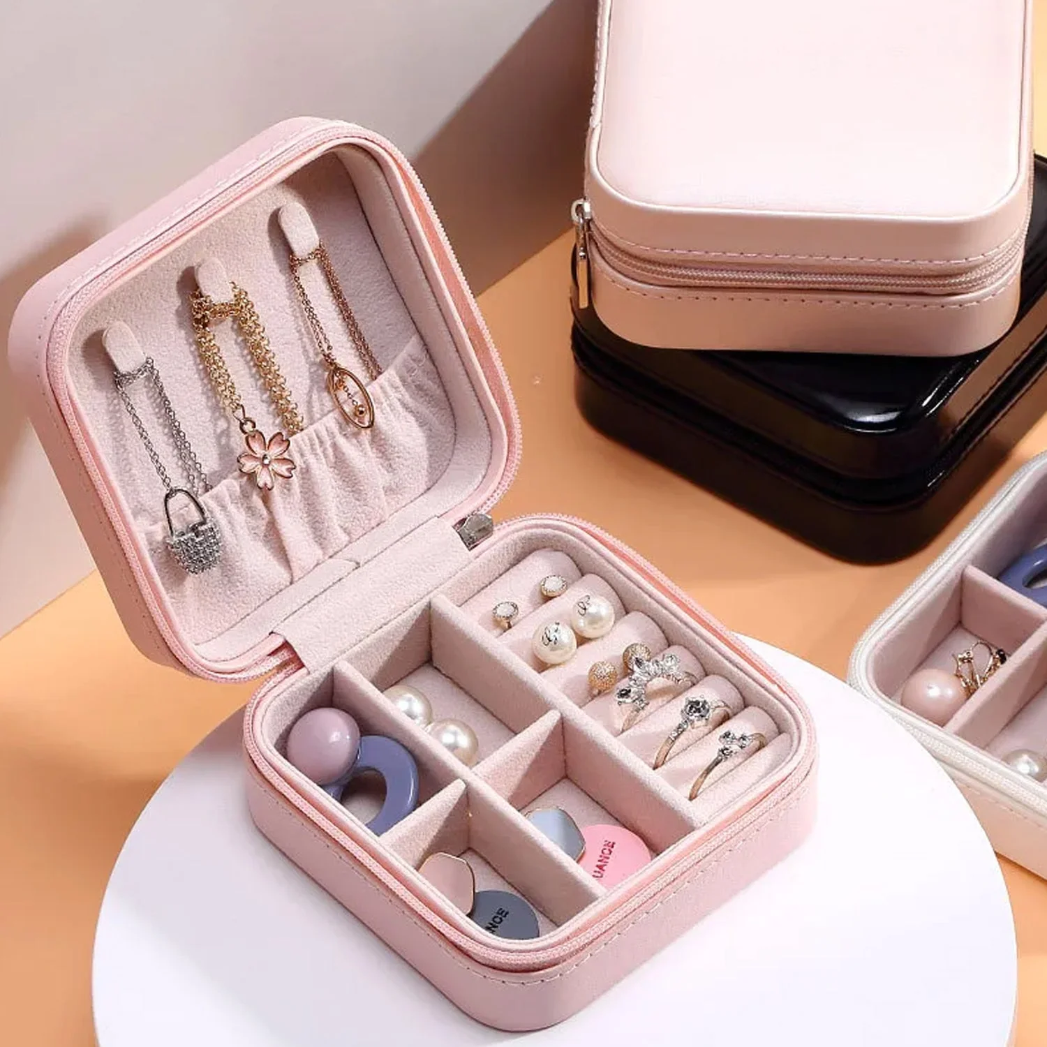 Jewellery Box for Women, Mini Portable Jewelry Box Organiser,PU Leather Jewlerrying Display Holder, Small Travel Jewellery Box for Girls, Women, Mother, Daughte, Travel Ring, Pendant, Earring, Necklace Storage Case - Image 3