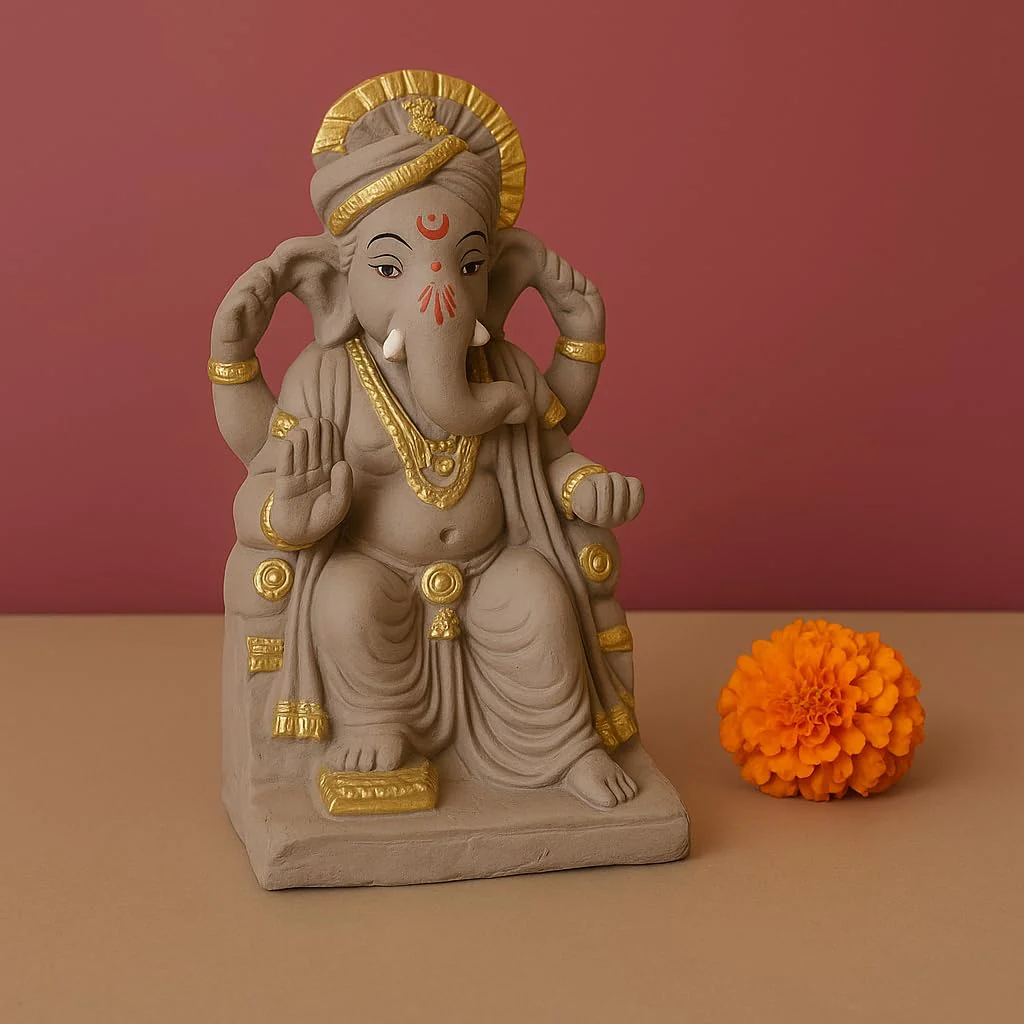 9 Inch Eco-Friendly Lalbaugcha Raja Ganesh Idol | Clay Ganpati Murti - Image 3