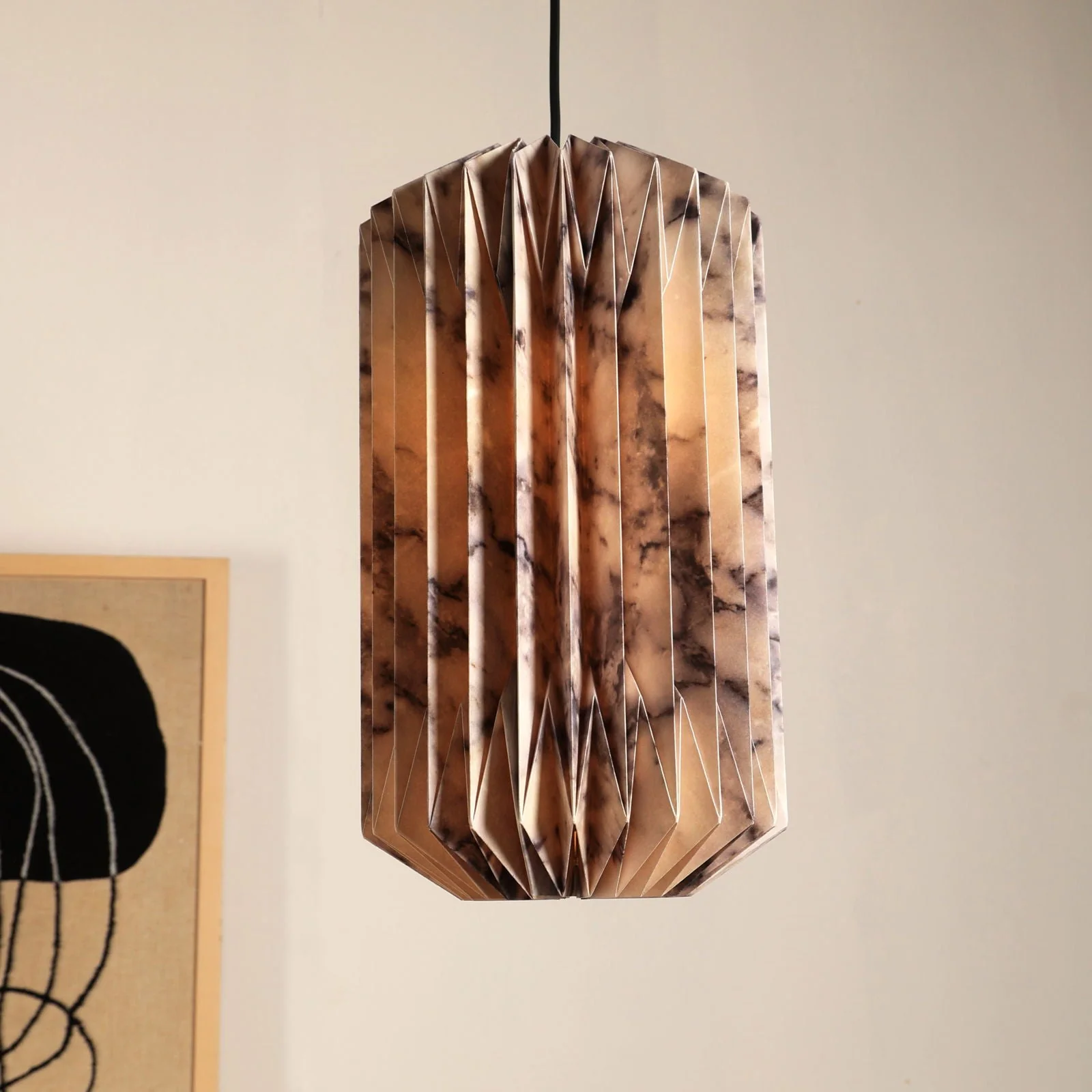 Abc Drum Pendant Lamp (Marble Print) - Marble Printed Origami Pendant Light, Origami Hanging Light - Image 4