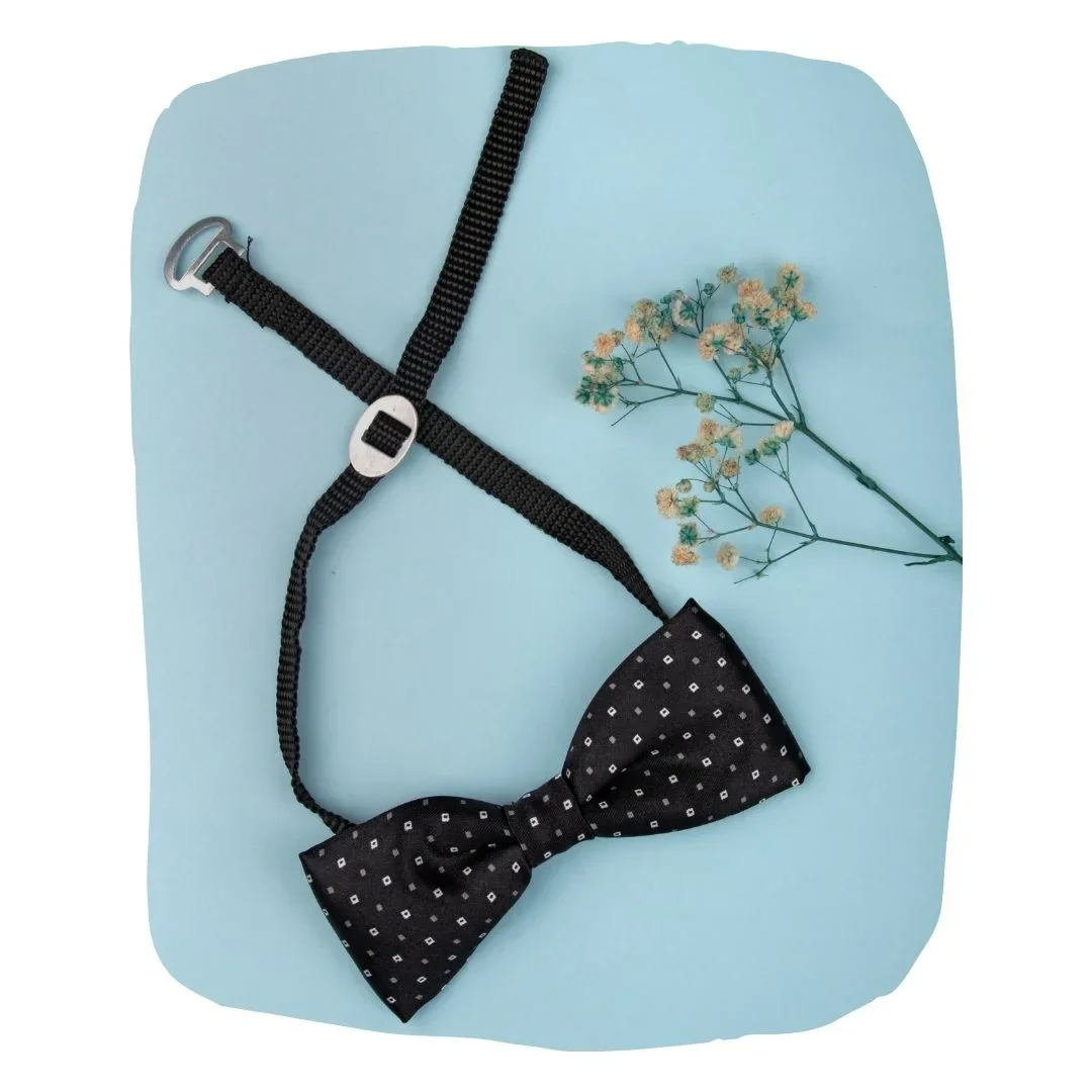 Adjustable Satin Bow Tie for Boys – Printed Black (Pre-Tied & Clip-On)
