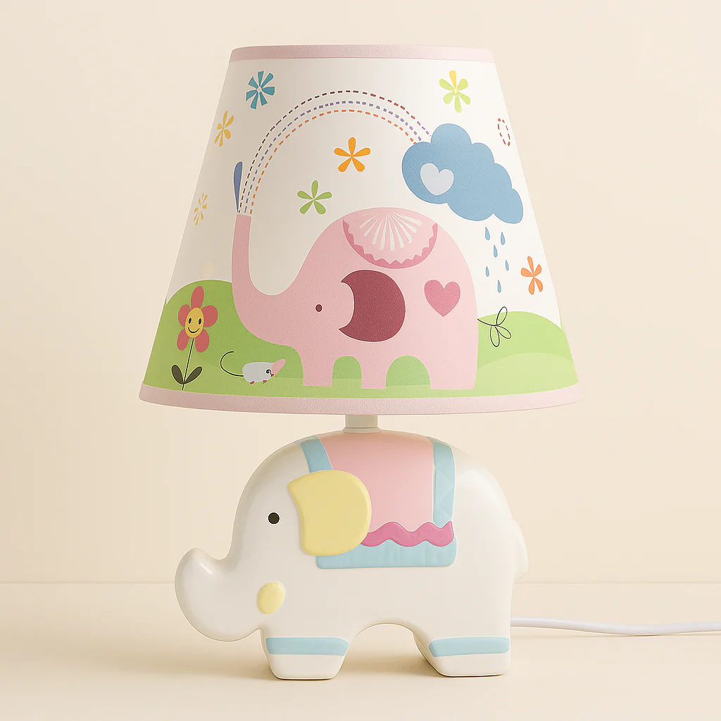 Adorable White Elephant Kids Table Lamp – Ceramic Base with Printed Fabric Shade - Image 3