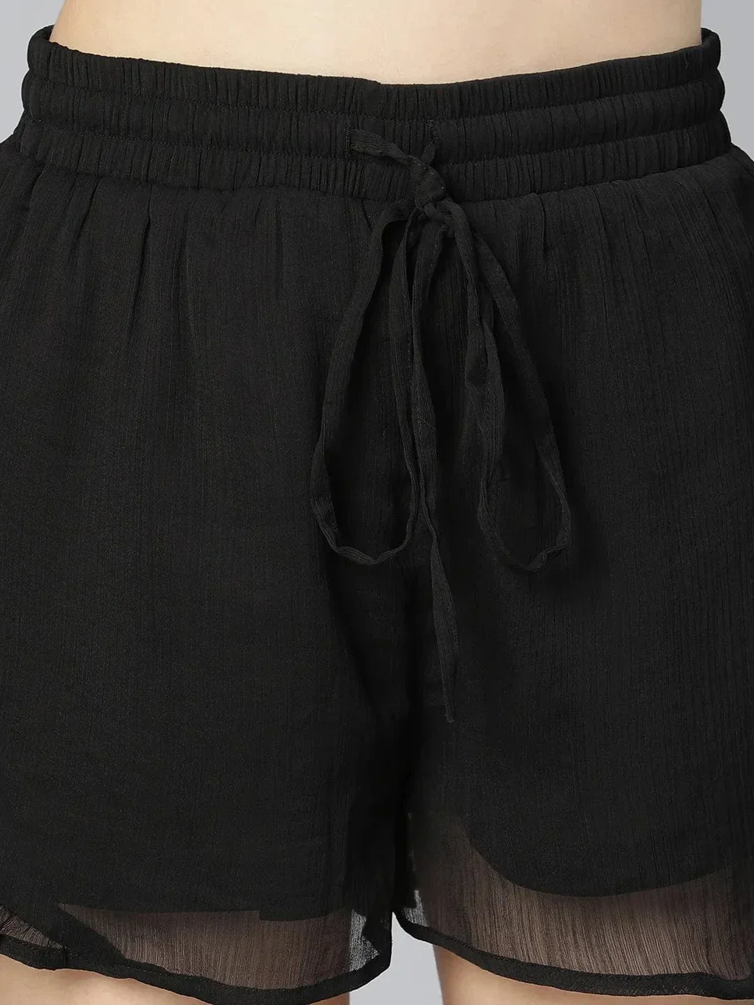 All Black Elsticated & Ruffled Women Comfy Nightwear Shorts - Image 6