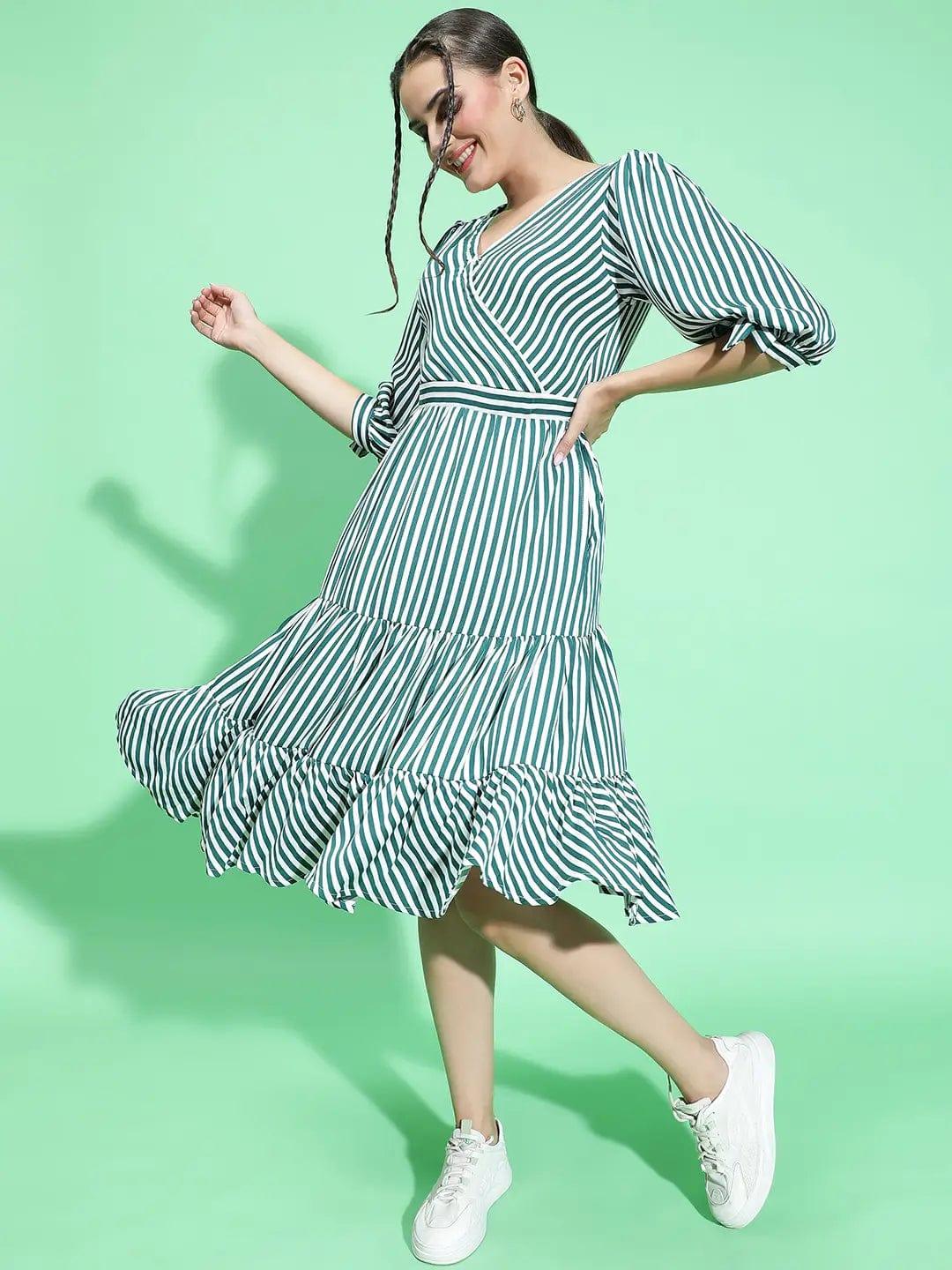 All Green Stripe Print Women Knee Length women Dress - Image 3