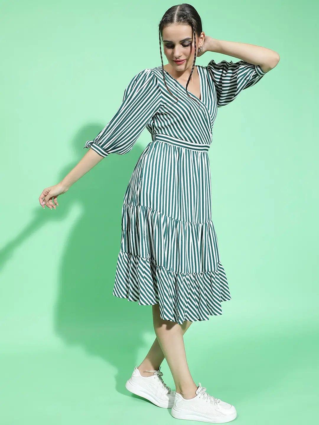 All Green Stripe Print Women Knee Length women Dress - Image 4