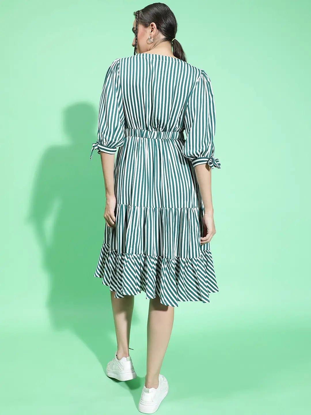 All Green Stripe Print Women Knee Length women Dress - Image 5