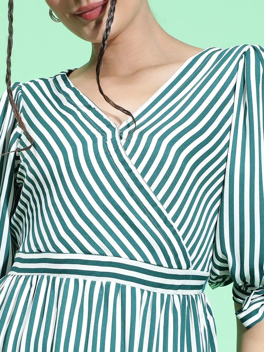 All Green Stripe Print Women Knee Length women Dress - Image 6