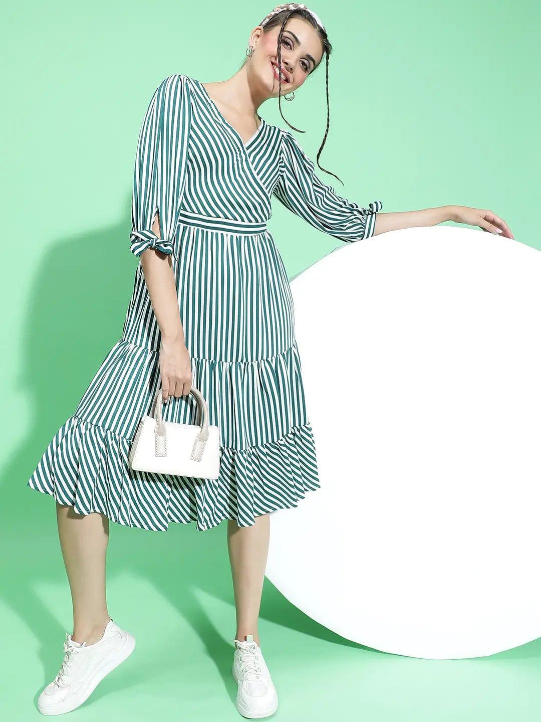 All Green Stripe Print Women Knee Length women Dress - Image 7