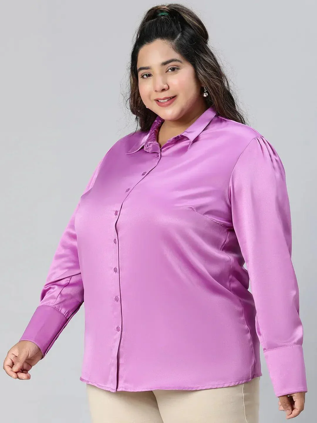 All Purple Collared Long Sleeve Plus Size Shirt - Image 3