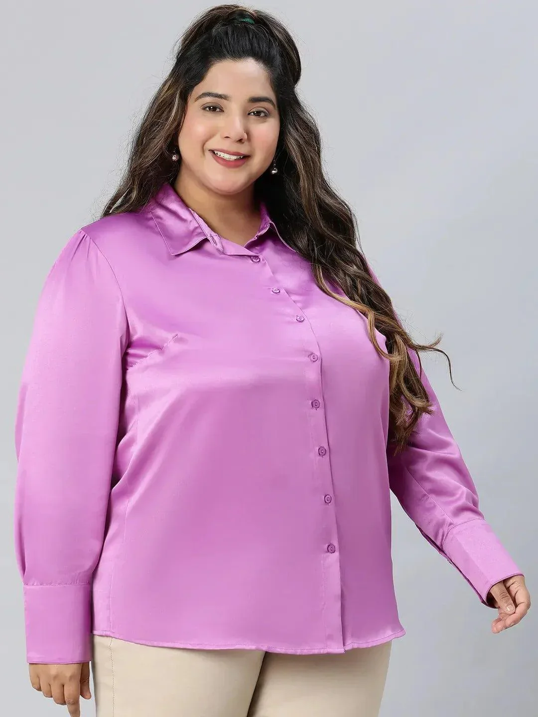 All Purple Collared Long Sleeve Plus Size Shirt - Image 4