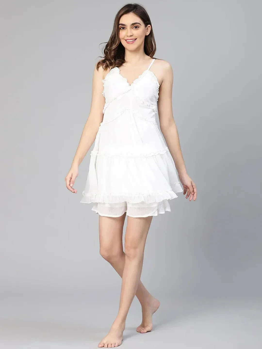 All White Ruffled & Elasticated Women Nightwear Shorts - Image 2