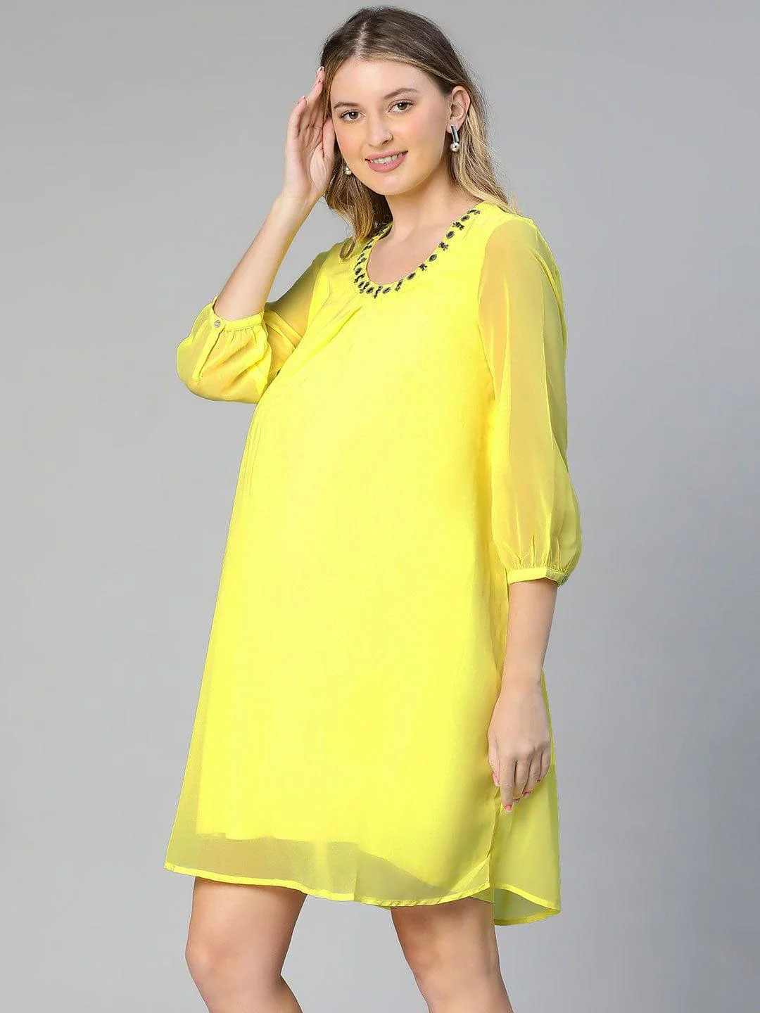 Allured Yellow Embellished Elasticated Maternity Dress - Image 3
