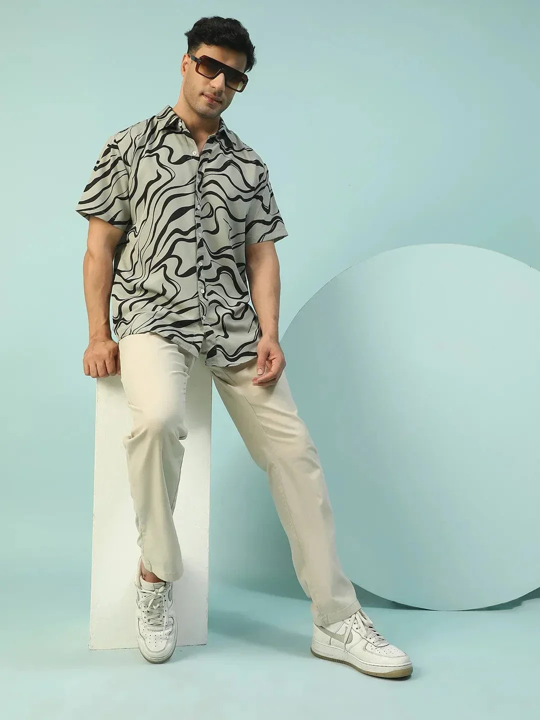 Alpha Green Swril Print Collared Short Sleeve Men Oversized Shirt - Image 2