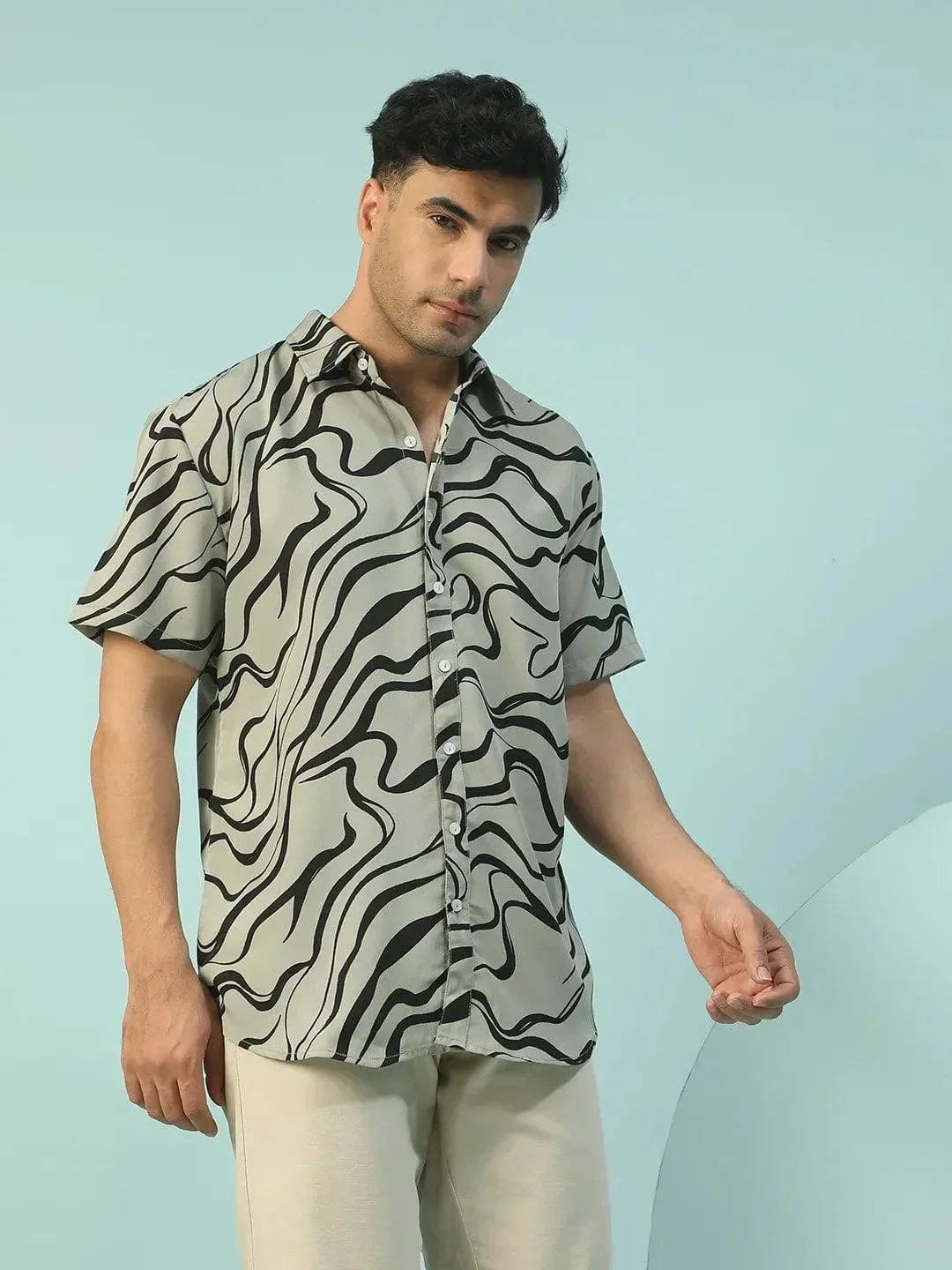 Alpha Green Swril Print Collared Short Sleeve Men Oversized Shirt - Image 4