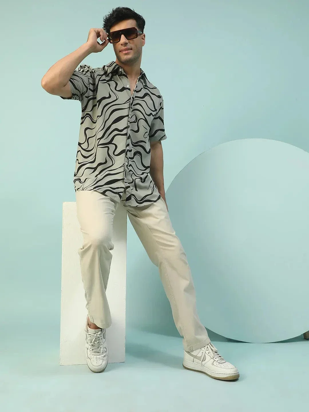 Alpha Green Swril Print Collared Short Sleeve Men Oversized Shirt - Image 8