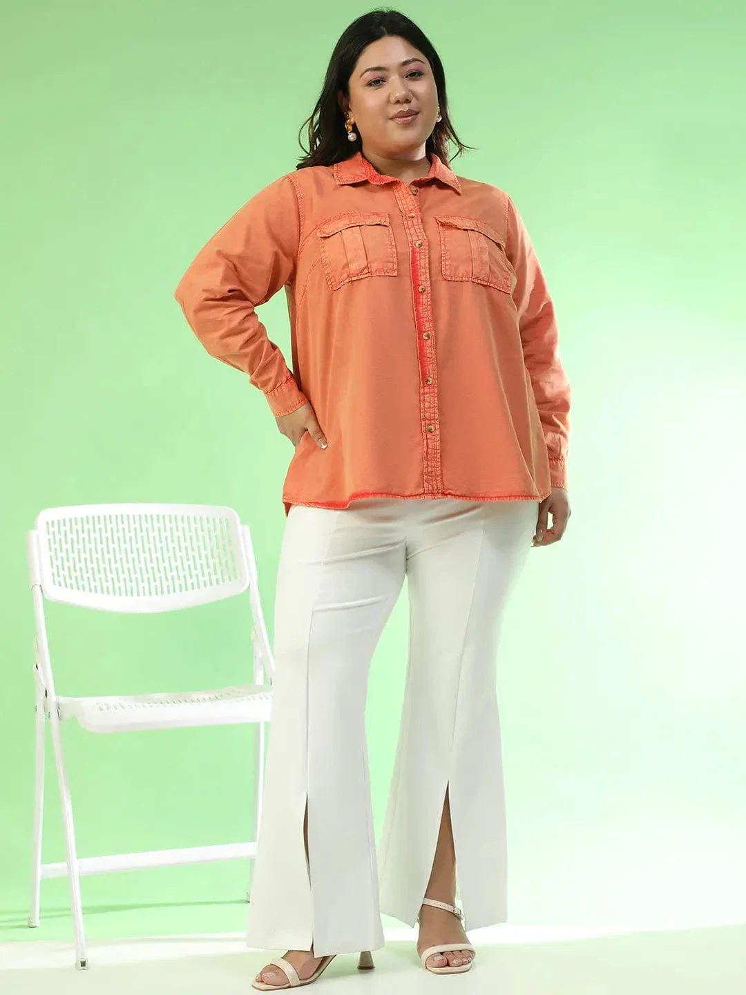 Amazed Orange Collared Long Sleeve Button Down Plus Size Women Cotton Shirt - Image 2