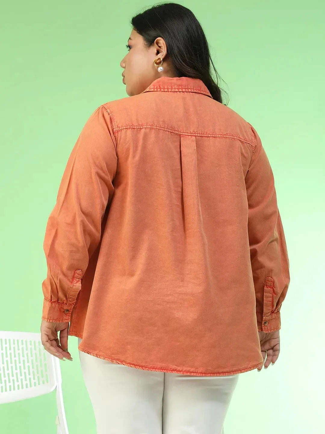 Amazed Orange Collared Long Sleeve Button Down Plus Size Women Cotton Shirt - Image 5